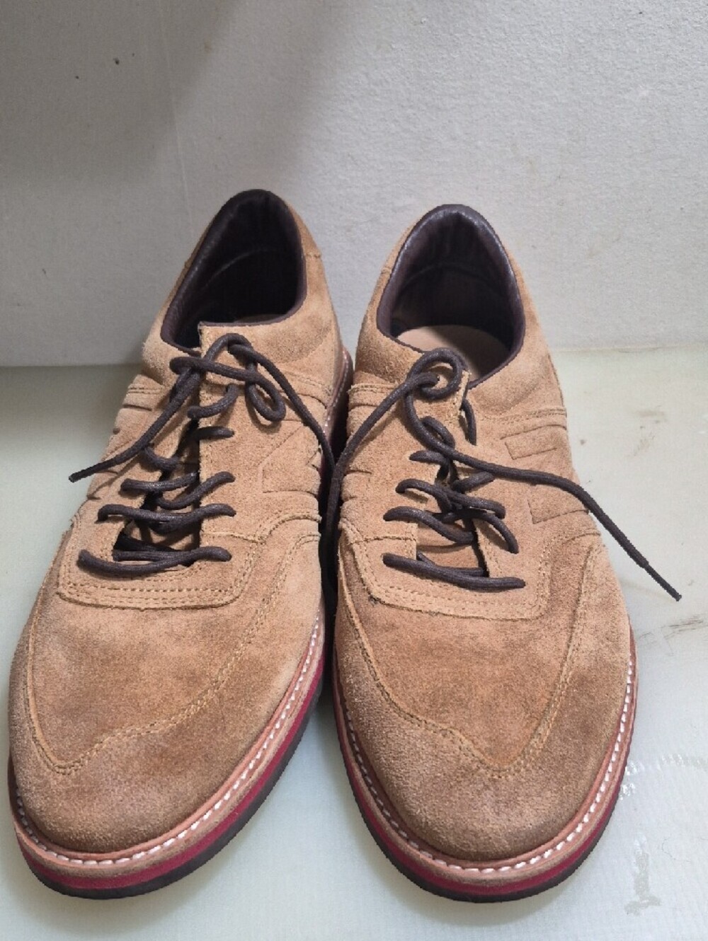 New Balance Tan Suede Derby Shoes with Red Trim - Picture 3 of 6